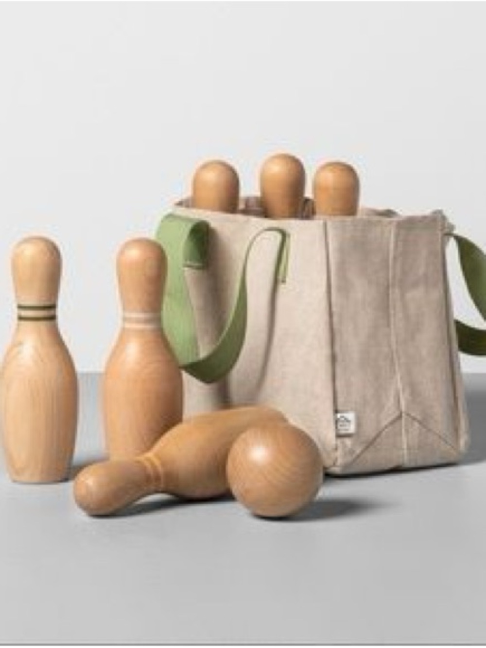 • Magnolia Wooden Bowling Pin Set with Canvas Carry Bag •